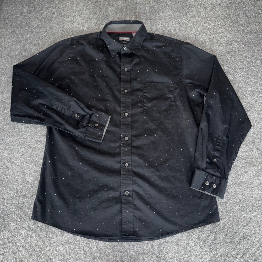 Van Heusen Flex Mens Slim Fit Black Polka Dot Long Sleeve Button Up Shirt L 16.5